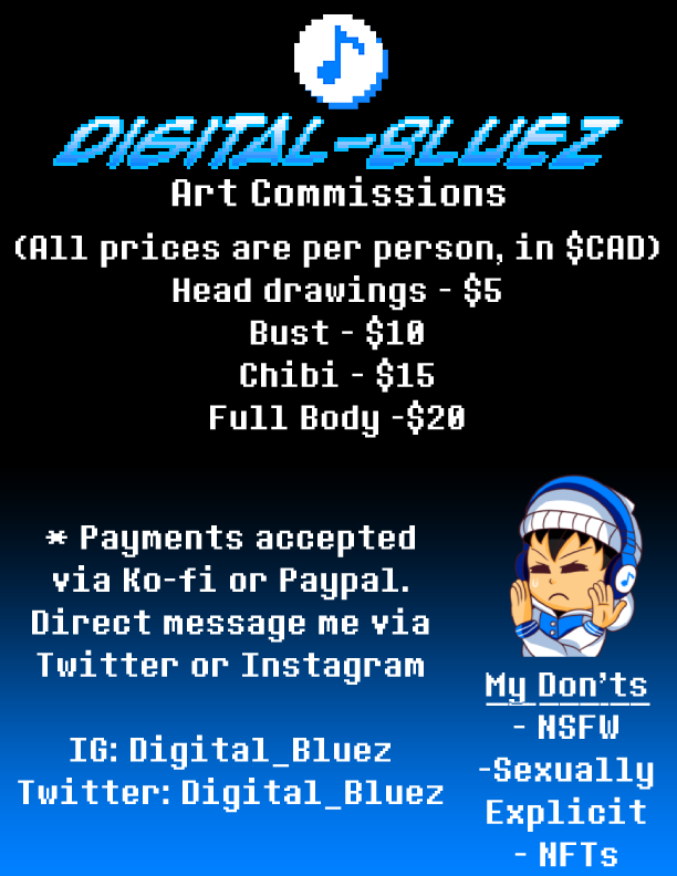 Digital_Bluez's tweet photo. A reminder that I'm available for work, for your audio & emote needs, as well as art that you may just want for yourself! Feel free to reach out to me via DMs!
#VtuberTweeterBoost #VtubersEN https://t.co/qISczExCX0