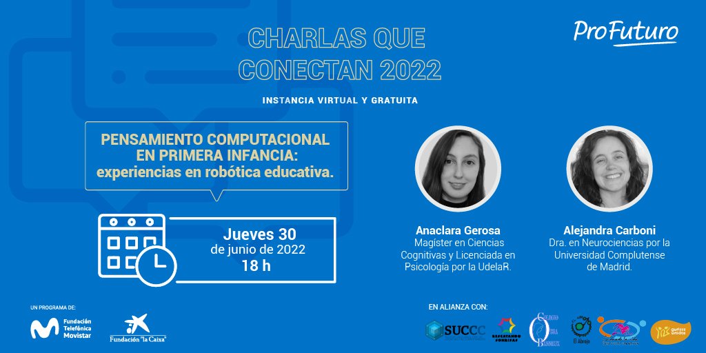 Tenemos otra linda invitación para hacerte!! 

CHARLAS QUE CONECTAN 'PENSAMIENTO COMPUTACIONAL EN PRIMERA INFANCIA: EXPERIENCIAS EN ROBÓTICA EDUCATIVA'

🗒️Jueves 30 de junio
⏰ 18 horas 

💡Accede a la charla aquí: youtu.be/Or3-IM0febs

@FTMovistarUy