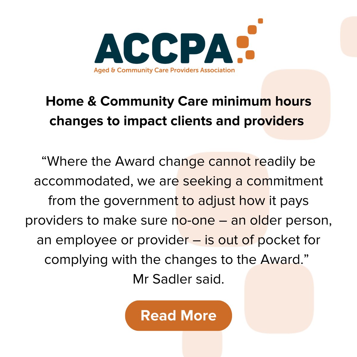 Older Australians who receive support through home and community care and providers are likely to be affected by changes to working arrangements which come into effect on 1 July 2022. #agedcare Read More > bit.ly/3OMBVtg