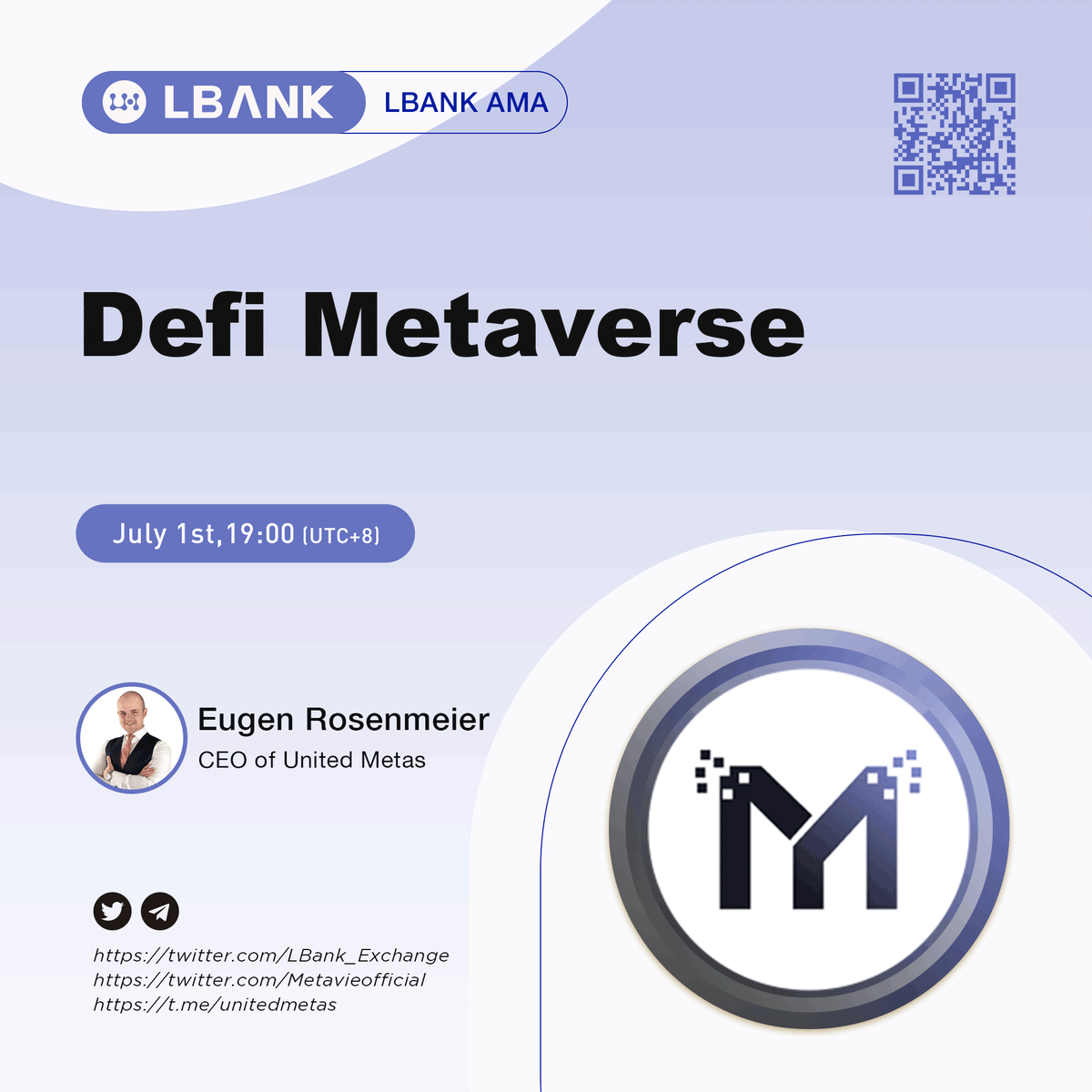 🔥Upcoming AMA with  <a href="/Metavieofficial/">Metavie</a> team at 19:00 on July 1 (UTC+8)

🎁100 lucky winners share $2,000 METAVIE
✅ Follow us &amp; <a href="/Metavieofficial/">Metavie</a>
✅ RT &amp; @ 3 friends
✅ Join: t.me/LBank_en &amp; t.me/unitedmetas
✅ Fill in: bit.ly/3NqRDt2

#giveaway #LBankAMA