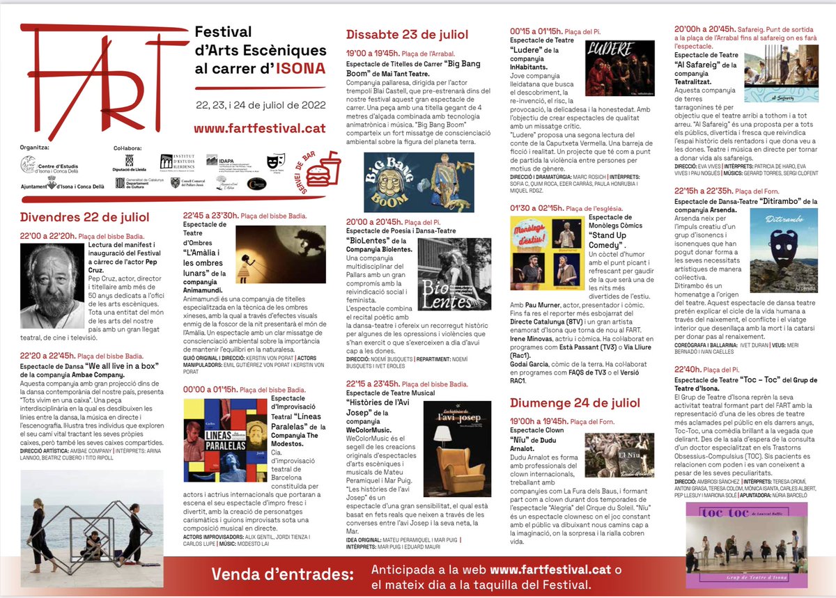 Aquí teniu el programa del FART 2022. Us esperem a Isona del 22 al 24 de juliol. Més informació a la nostra web fartfestival.cat  #teatre #isonaiconcadella