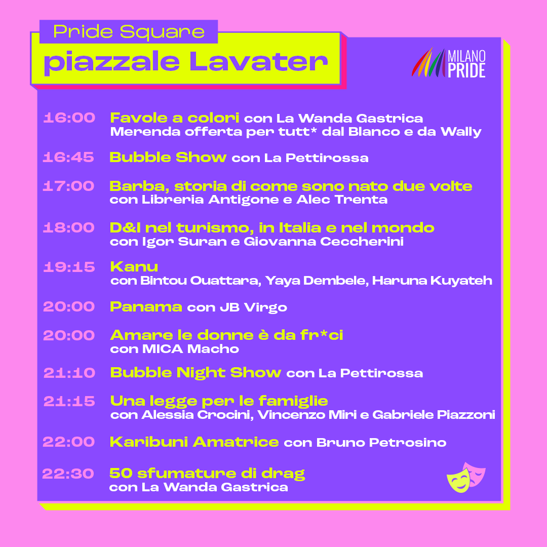 MilanoPride's tweet photo. Anche oggi vi aspettiamo nelle #PrideSquare 🌈
Talk, dibattiti, arte, teatro e momenti dedicati ai più piccoli.
Ma anche un presidio dedicato alla salute e prevenzione.
Guardate il calendario di oggi per scoprire tutte le inziative.
#MilanoPride https://t.co/21c29yzlOO