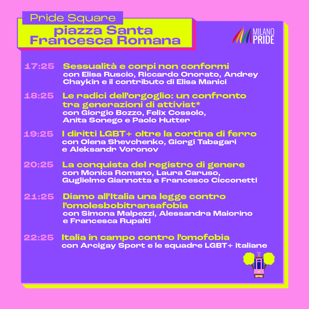 MilanoPride's tweet photo. Anche oggi vi aspettiamo nelle #PrideSquare 🌈
Talk, dibattiti, arte, teatro e momenti dedicati ai più piccoli.
Ma anche un presidio dedicato alla salute e prevenzione.
Guardate il calendario di oggi per scoprire tutte le inziative.
#MilanoPride https://t.co/21c29yzlOO