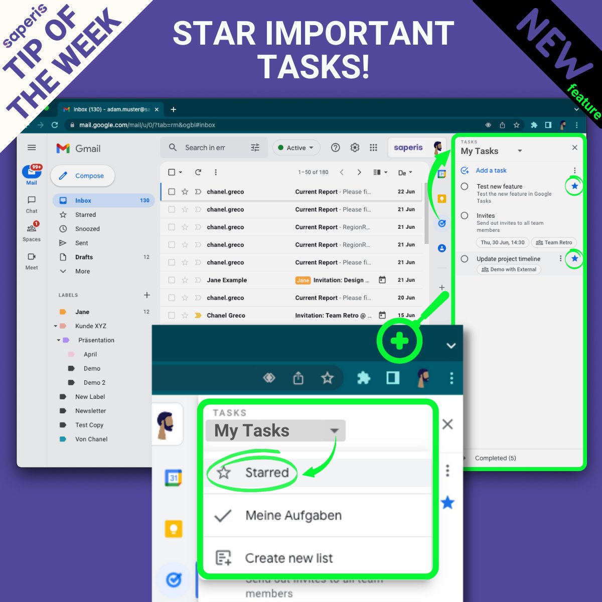 Saperis_io's tweet photo. << Tip of the week >>

You can now star your important tasks in the Google Tasks sidebar.
 
This new feature enables you to view or sort your starred items across various tasks lists in the starred view.

#TipOfTheWeek #saperis #collaboration #Google #GoogleWorkspace #GoogleTasks https://t.co/WTD3QXbJHR