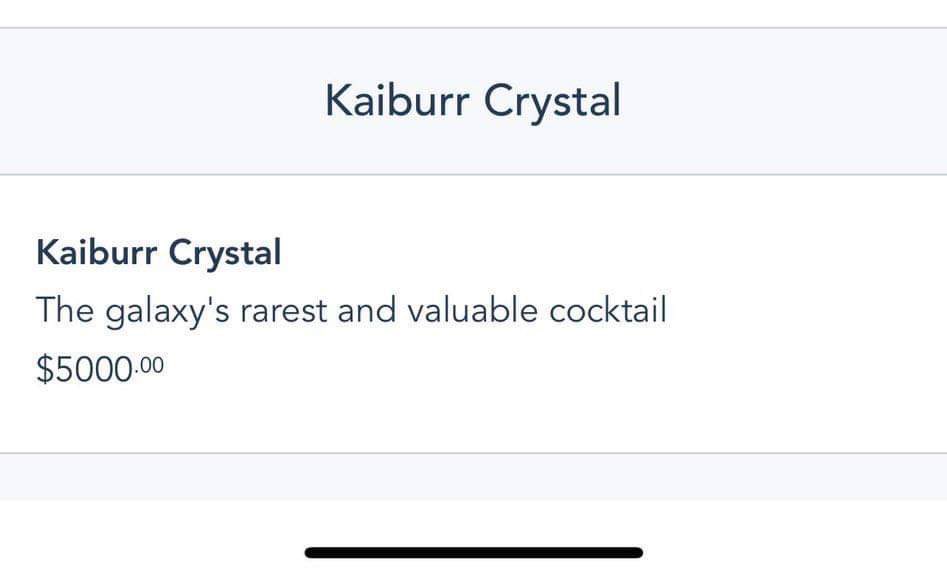 Kaiburr Crystal on the menu, the $5000 is described as "the galaxy's rarest and valuable cocktail"