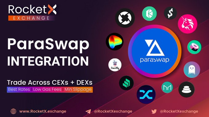 RocketXexchange's tweet photo. 📢@paraswap  Goes Live on https://t.co/dKKPlJdlzF 🥳, a Hybrid CEX + DEX Aggregator Exchange ✨ $RVF #SaveMoreWithRocketX #ETH #BTC https://t.co/BwFPcYgbOu