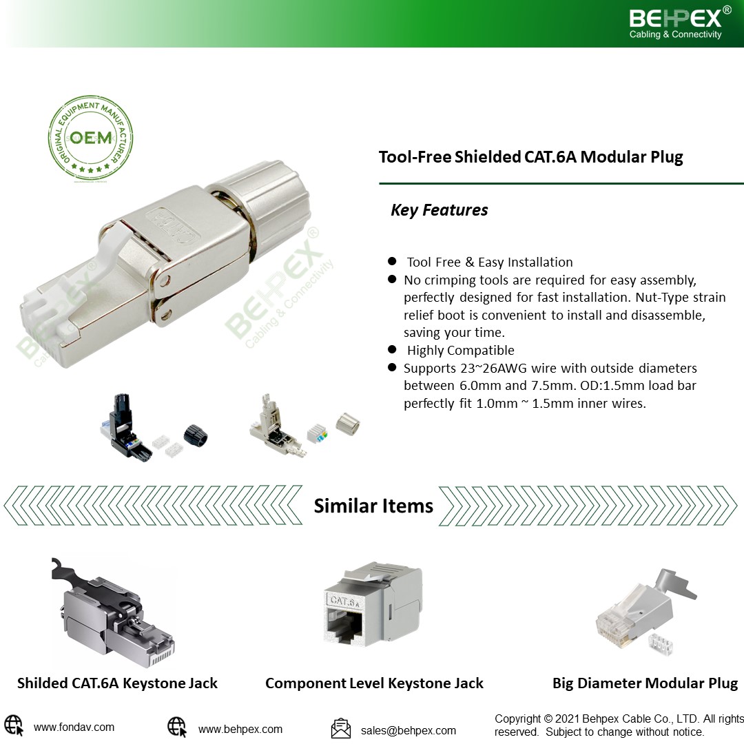 #Behpex ® Cabling & Connectivity

Toolees Shielded CAT.6A Modular Plug

#networkcable
#cat6
#6a
#cat7
#patchcable
#cablemanufacture
#networkcable #networkcabling #structuredcabling #cablemanufacturer #vietnam #factorydirect #oemsupplier