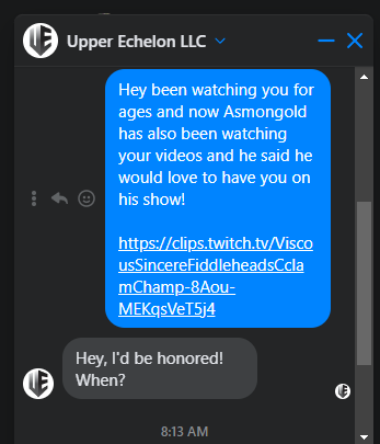 HolyPT's tweet photo. @Asmongold you should ping Upper Echelon in FB.
He is interested in going on a show with you :) https://t.co/mwkGnYTowC