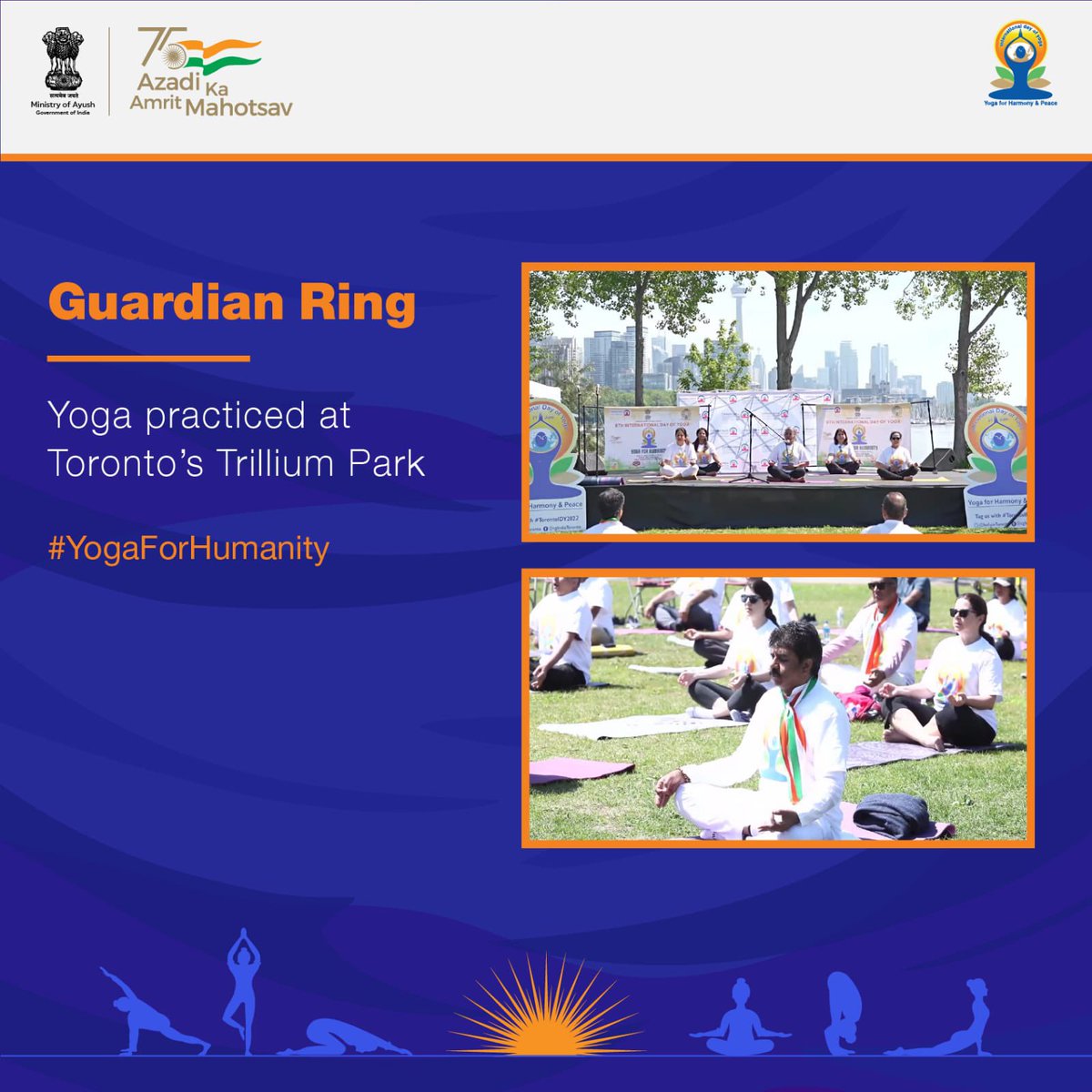 As part of the #IDY2022 celebrations, people in Downtown Toronto gathered at Trillium Park to perform Yoga. 
#GuardianRingForYoga #YogaForHumanity