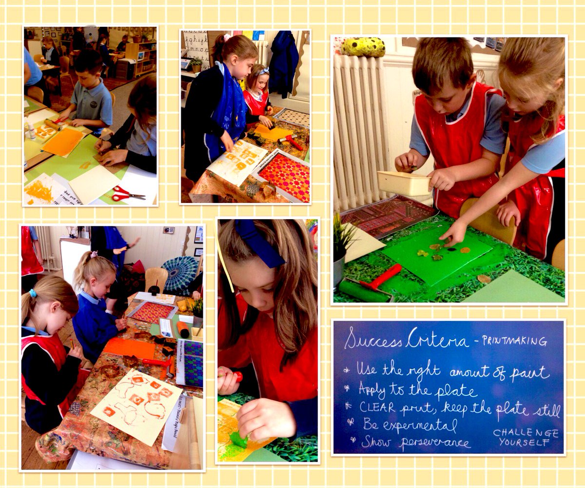 ClythaPrimary's tweet photo. Experimenting with printmaking. We talked about what we needed to make the lesson successful before we got stuck in ... #monoprinting #collagraphy #blockprinting These will be end pages for our miniature books #LetsLead #ResilientLearners @EAS_ExpressArts @accessart ππ https://t.co/II0N2mcBop