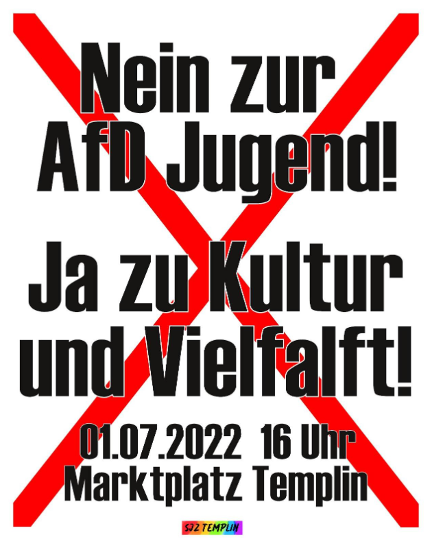 SalaTgegenNazis's tweet photo. Morgen noch nix vor? Dann kommt um 16h zum  Marktplatz #Templin zur Kundgebung  gegen die #noAfD-Jugend 🔊 🎶
für eine offene, vielfältige Gesellschaft!
Lasst uns viele werden und der AfD zeigen, dass sie hier niemals einen Platz hat. ✊💜 https://t.co/Kom0JoZ2aM