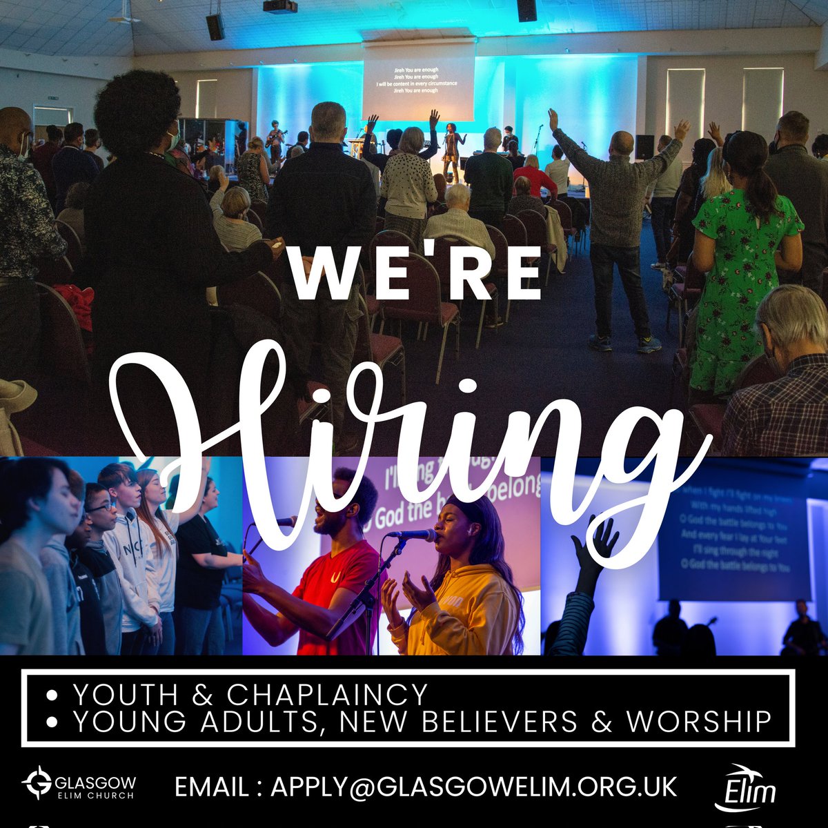 📣 WE'RE HIRING 📣

Glasgow Elim are looking to recruit two new staff members to join our team.

- An individual to lead our Young Adults, New Believers &amp; Worship Ministries

-An individual to lead our thriving Youth Ministry &amp; pioneer School Chaplaincy.

Come &amp; join our team!