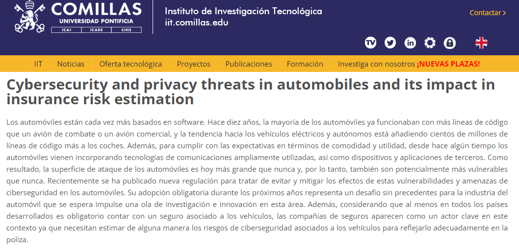 IIT_Comillas's tweet photo. #Openposition at @IIT_Comillas @IIT_Comillas @UCOMILLAS "#Cybersecurity and #privacythreats in #automobiles and its impact in #insurancerisk estimation" 
Ref. 22016. Más info: https://t.co/JHTjStGxL0
#postdoctoral #hiring #researcher #IIT #UComillas #empleo https://t.co/H2EnisL7Ge