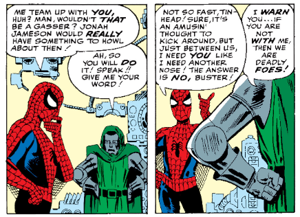 LetsReadSpidey's tweet photo. #SpiderMan doesn't play nice with others. So why is he in a #MarvelTeamUp comic for a dozen years. #Whoseidea #ASM5 #DoctorDoom #TwoNoses https://t.co/qzov4XlZAG