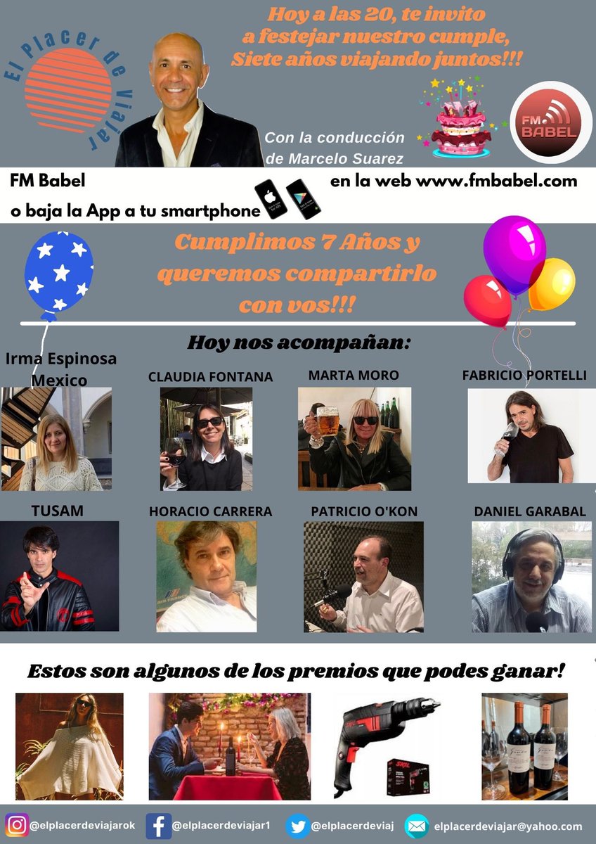 elplacerdeviaj's tweet photo. Cumplimos 7 años de vida y lo queremos festejar con vos, hoy a las 20 te esperamos en @elplacerdeviaj por fmbabel https://t.co/JRB2TpA3jI