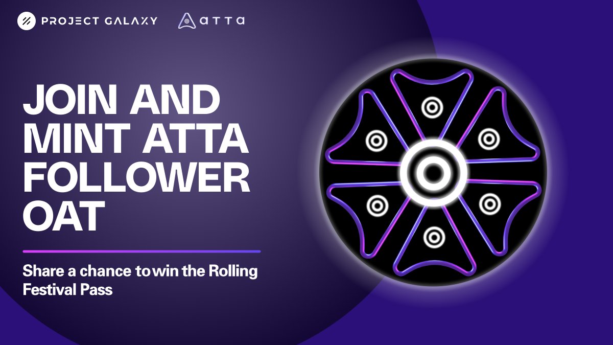 ATTA (@atta_protocol) on Twitter photo ATTA Rolling Youth Film Festival 🔜, visit atta.zone
🥳OAT drop campaign powered by <a href="/ProjectGalaxyHQ/">Now Galxe (Previously Project Galaxy)</a>.
✅Complete the Gleam tasks
🏆 Win an ATTA Follower OAT and share a chance to win the Rolling Festival Pass which is worth $200 each
🔗galaxy.eco/ATTAProtocol/c… ATTA Rolling Youth Film Festival 🔜, visit atta.zone
🥳OAT drop campaign powered by <a href="/ProjectGalaxyHQ/">Now Galxe (Previously Project Galaxy)</a>.
✅Complete the Gleam tasks
🏆 Win an ATTA Follower OAT and share a chance to win the Rolling Festival Pass which is worth $200 each
🔗galaxy.eco/ATTAProtocol/c…