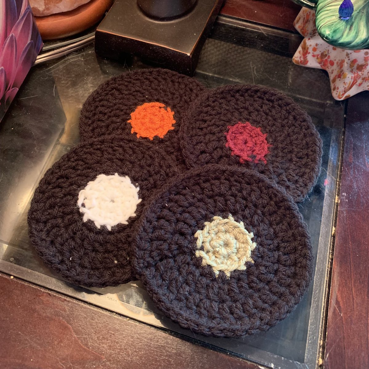 I finally caught up to my friend <a href="/twittem/">M.R_TWITTE_KAMALESH</a> to give him these cool crochet coasters!  Mini records to go alongside his vinyl collection!  I hope to see a picture of one under a glass of beer soon, Ed!  😉🌸🌿  #handmade #crafts #crochet #vinylrecords #coasters