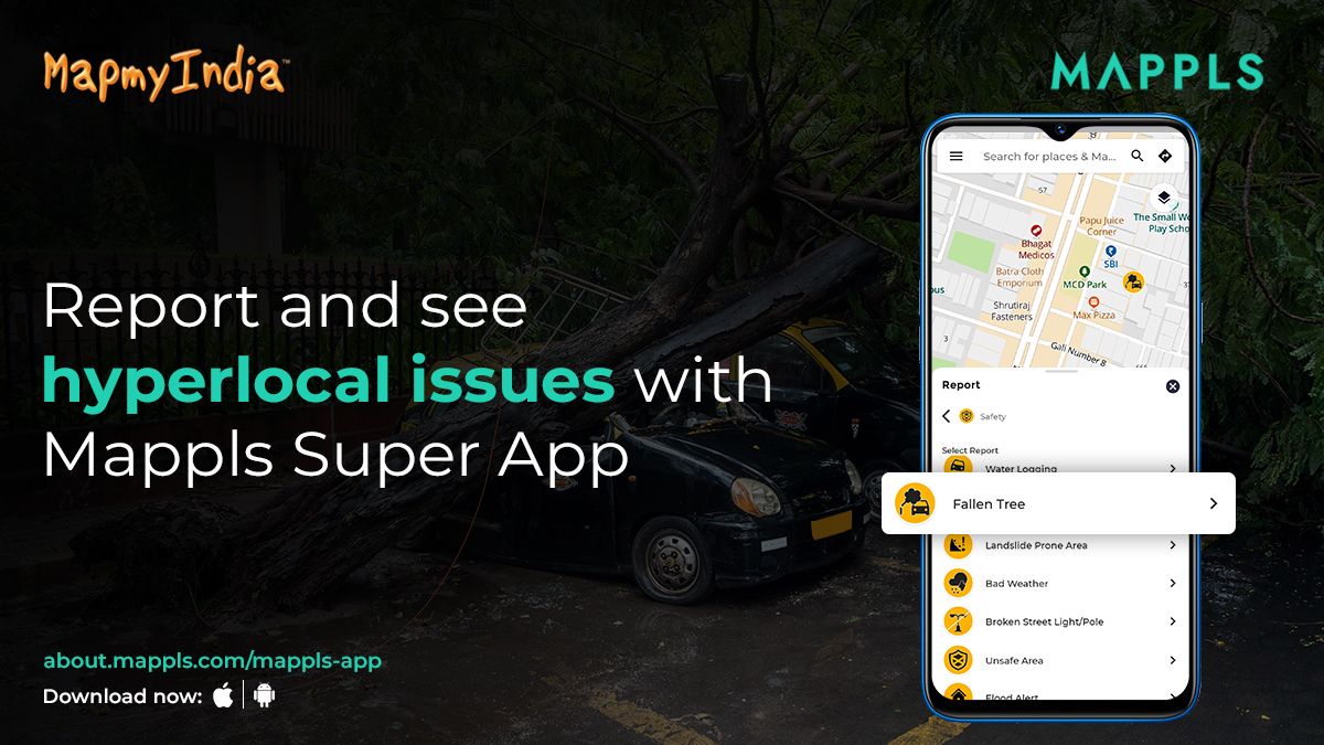 MapplsApp's tweet photo. Unpredicted bad weather can disrupt traffic. 
Get and Report hyperlocal route updates like a fallen tree, waterlogging, bad weather and many more with #MapplsApp.
Download Now - https://t.co/I0oHz6KJ2D
#Waterloggin #Weather #Rain #DelhiRain #Traffic #Trafficupdates #Weatherupdate https://t.co/FRmYPoHB9m