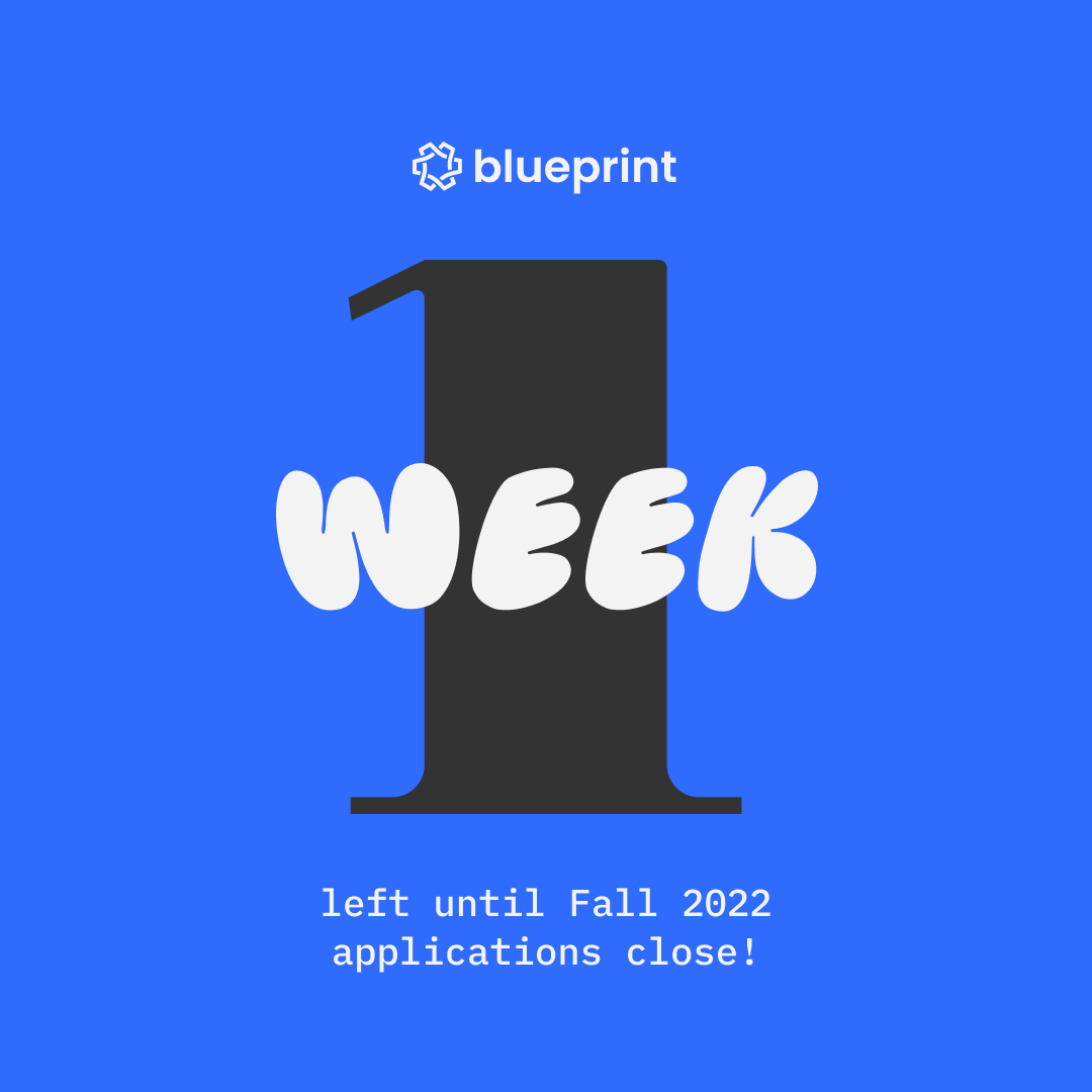 ⏳ One week remains until applications close for the Fall 2022 term on July 6th @ 11:59 PM EST!

If you're looking to develop your skills and meet like-minded peers while contributing to projects for social good, we'd love to hear from you!

apply.uwblueprint.org