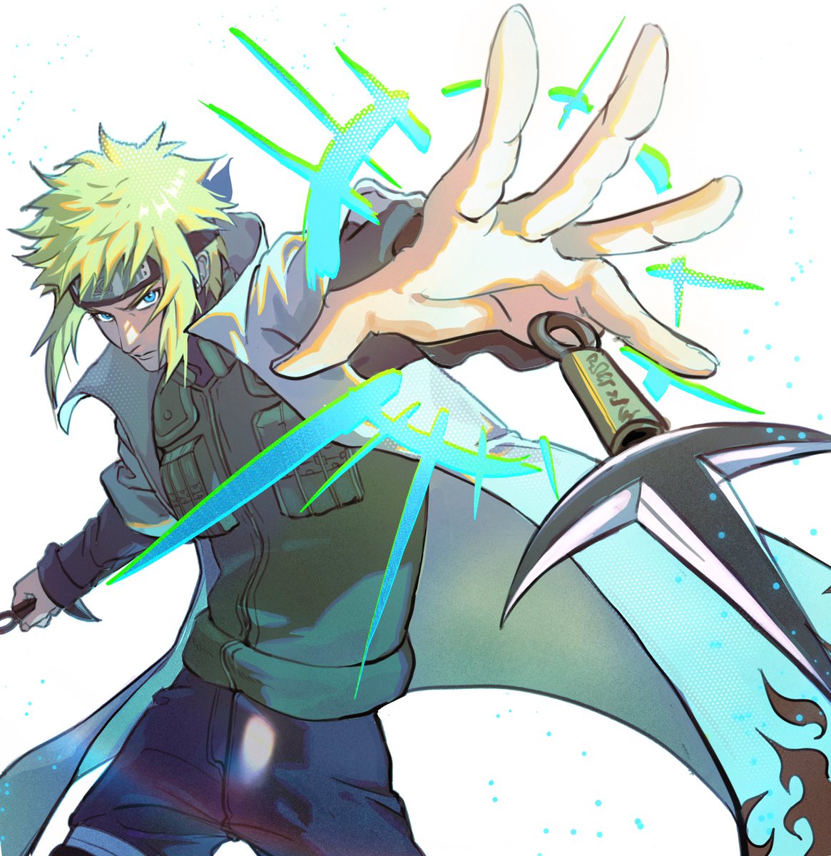1boy male focus blonde hair solo kunai weapon forehead protector  illustration images
