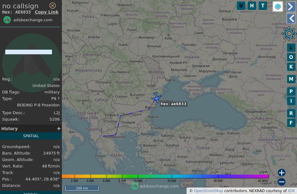 TheIntelFrog's tweet photo. P-8A Poseidon #AE6833 out of NAS Sigonella, Italy for a mission over the far western Black Sea. https://t.co/DuJ004RSeH