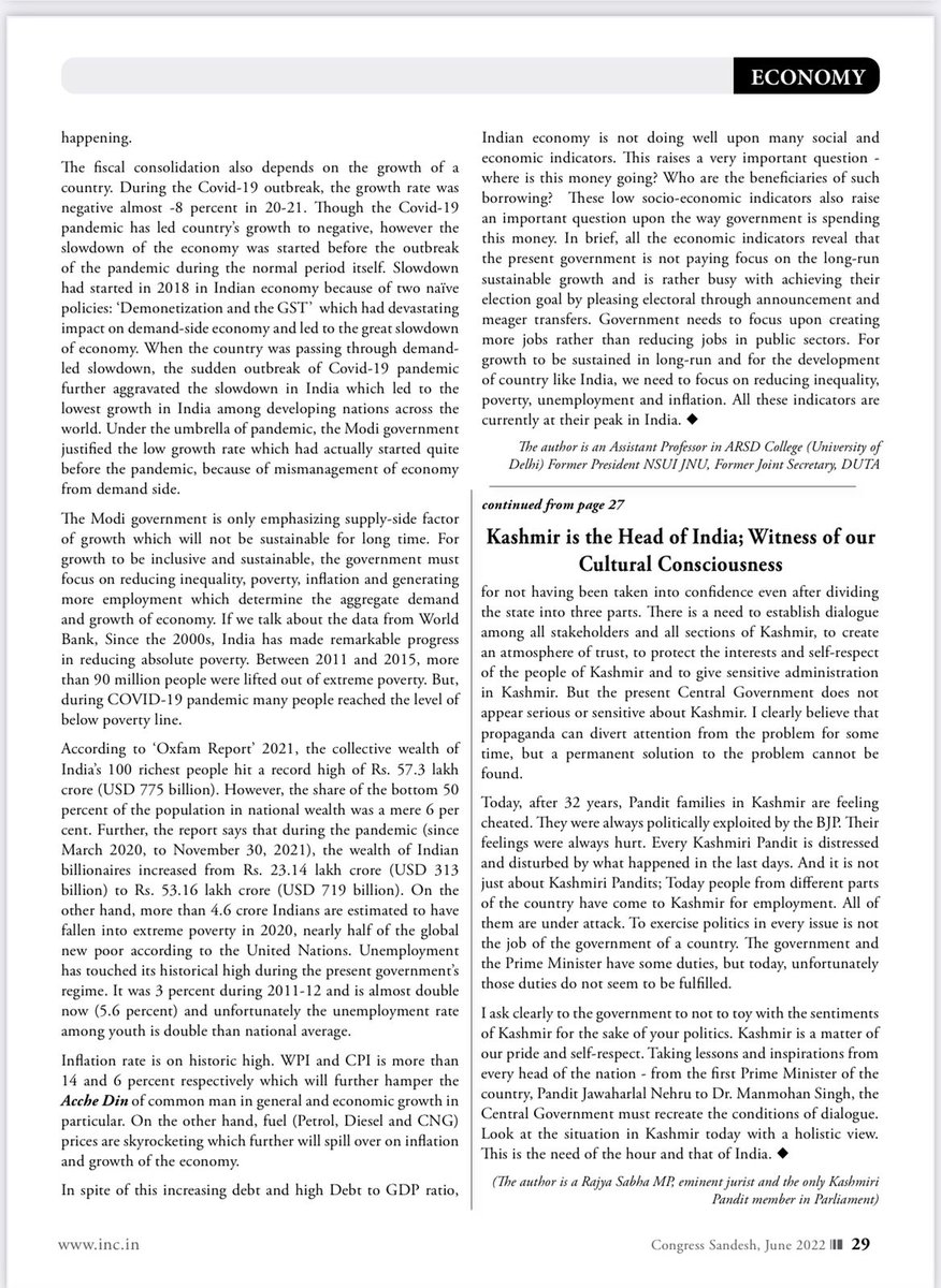 OfficeOfPC_'s tweet photo. Sharing an article on "Debt GDP Ratio in India under Modi Government and its implications" in #CongressSandesh latest issue. Also read a article on Agnipath Scheme written by @anandp_DU https://t.co/IU7AFSEaWy
