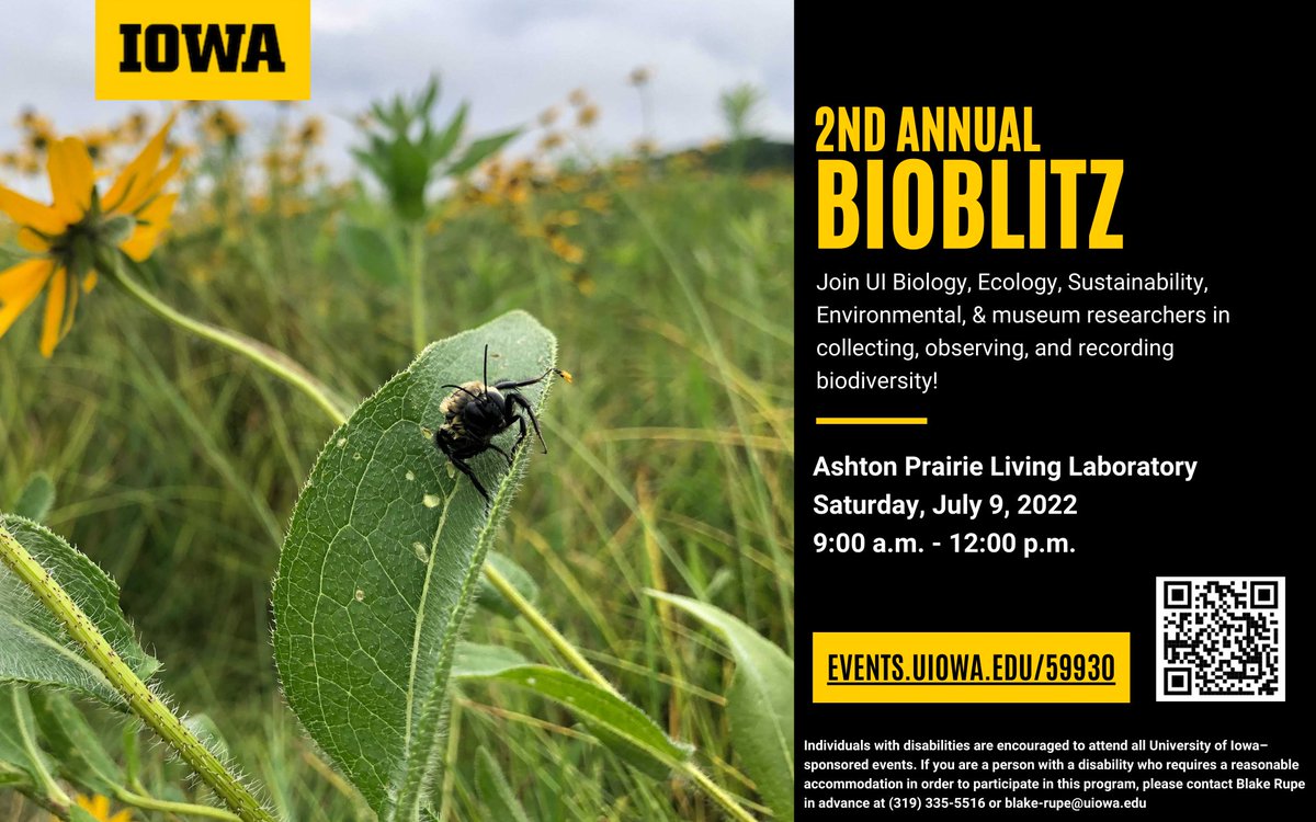 The 2nd Annual BioBlitz is Sat., July 9 at the Ashton Prairie Living Laboratory in Iowa City! Join researchers in collecting, observing, &amp; recording biodiversity! All ages welcome &amp; no experience required! Families welcome! Registration is required &amp; free: events.uiowa.edu/59930