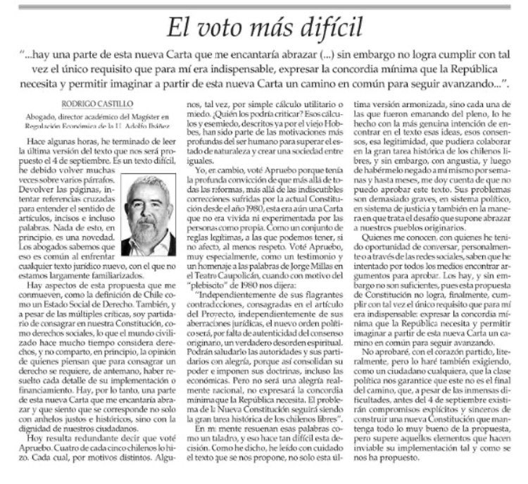 rcastillomurill's tweet photo. Amigos. Con una pena profunda les comparto la columna en que les explico por qué votaré rechazo. https://t.co/zEcvEOl0wD