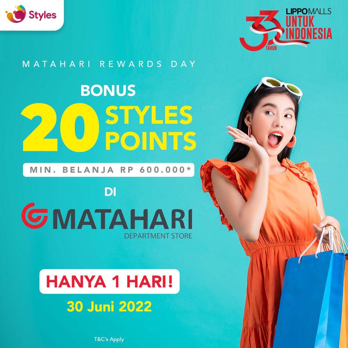BONUS 20 STYLES POINTS!! 😍😍

Yuk langsung aja belanja di Matahari Department Store di Lippo Malls! Dengan minimum pembelanjaan Rp 600.000,- kamu bisa langsung mendapatkan bonus 20 Styles Points loh! Menarik bangetkan… 
.
Cusss tunggu apa lagi?
