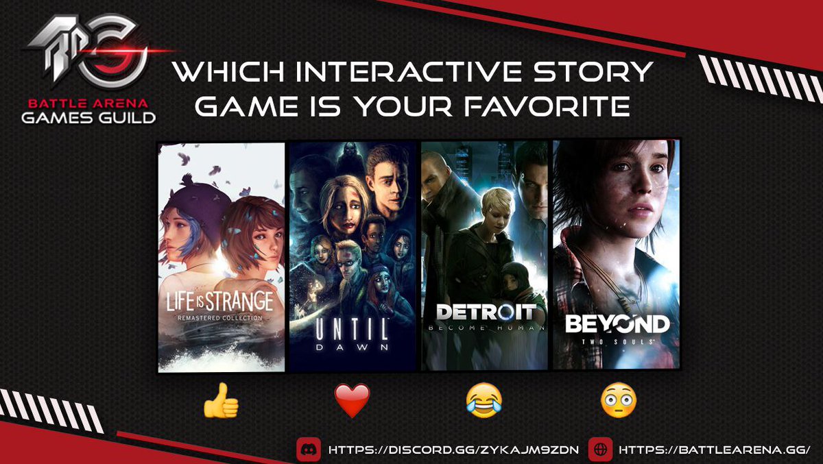 BattleArenaGG's tweet photo. Contenders, which interactive story game is your favorite?
๐ for #LifeIsStrange
โค๏ธ for #UntilDawn
๐ for #DetroitBecomeHuman
๐ฏ for #BeyondTwoSouls
Cast your votes on the chat/replies now!
๐ https://t.co/Y3nGR8Ny8g
#GamesGuild #Scholarship #BAGG #BattleArena #Crypto https://t.co/x3bUr1Ywhz