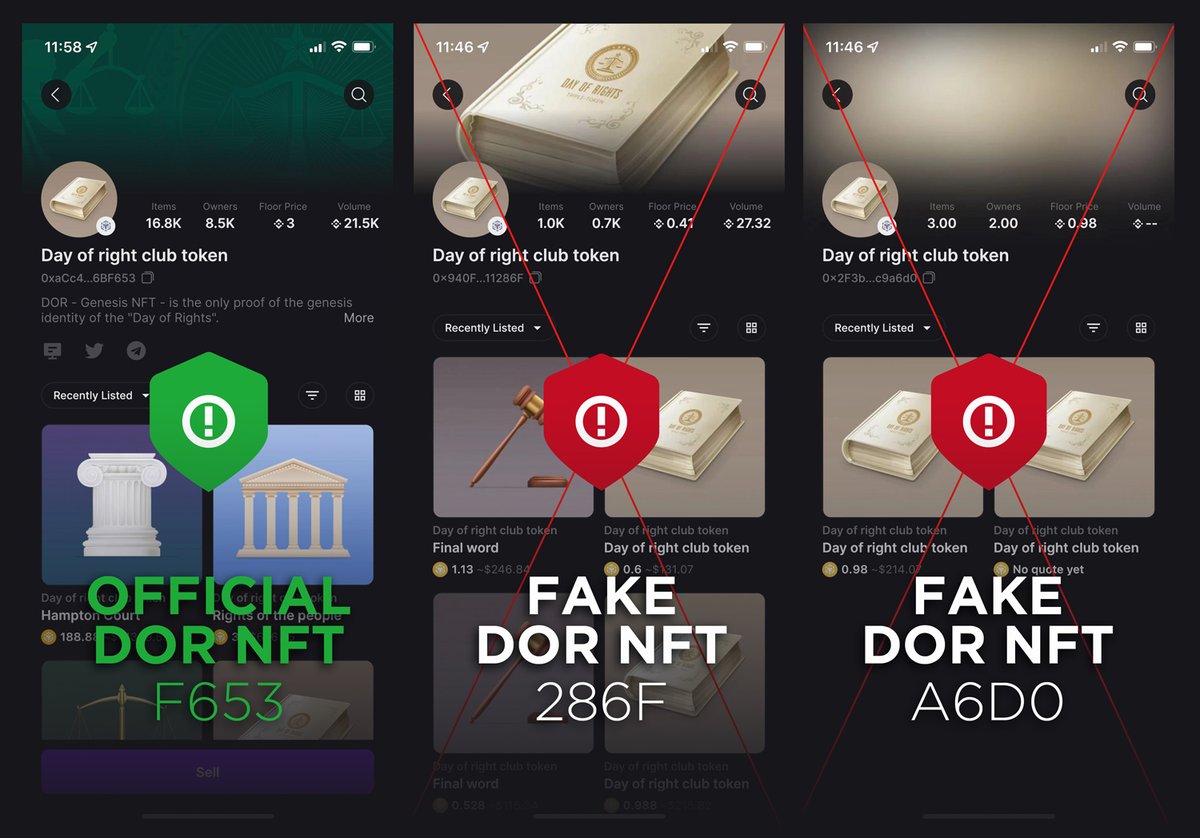 ⚠️We found the FAKE DOR NFT on <a href="/BitKeepOS/">Bitget Wallet</a> 
DOR NFT official contract is the tail number：F653
Don't be caught out‼️