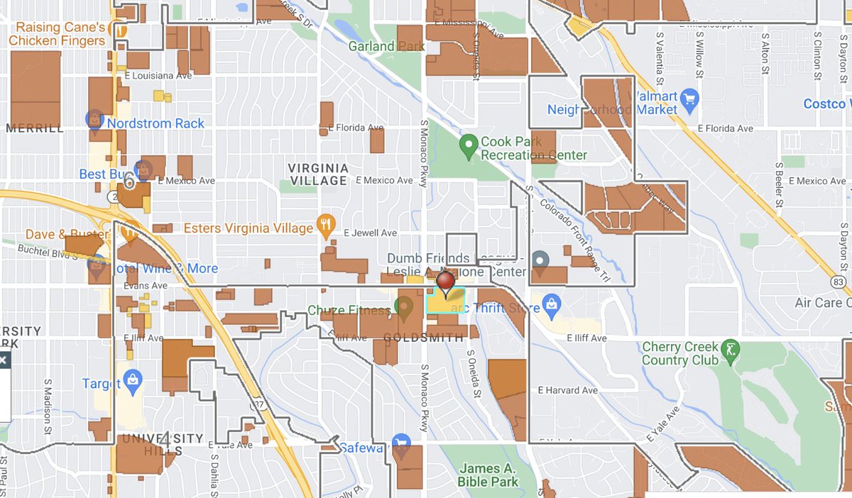 BuildUpDenver's tweet photo. Monaco and Evans, #Denver 80222 - a complex of 3-story multifamily buildings replace a vacant Kmart and surface parking. 6 residential buildings with a clubhouse and leasing office. 287 units in all (391 bedrooms) with 338 parking spots #BuildupDenver https://t.co/EbpfQBdihC