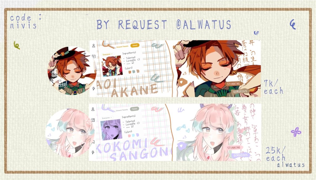 lyneyv's tweet image. hai! rts dong kak

aku open request untuk layout 2d dan hand drawn, start dari 7k aja loh! no max order. start dari jam 13:00 WIB nanti. form dan tnc bisa dilihat di tweet bawah, jajan kak 🎏

bantu kae memulangkan oshi dan tighnari layout gepeng anime #zonauang #zonajajan