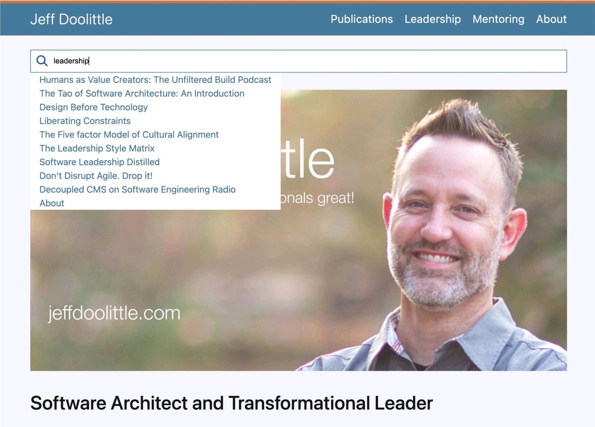 To help you find the latest in software career development and leadership, I've added search functionality to my website.

Check it out! jeffdoolittle.com/2022/06/28/sit…

#leadership #software #softwareleadership #mentoring #softwarearchitecture