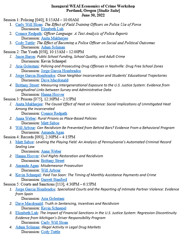Brittany Street (@brittanyrstreet) on Twitter photo Huge shout out to <a href="/KSchnepel/">Kevin Schnepel</a> for organizing an exciting (and full day!) of crime sessions at #WEAI2022!
Come by the Studio Suite Thurs 6/30 from 8:15 am until 6:15 pm. We'll have a great crowd presenting and discussing new crime research! ⬇️ Huge shout out to <a href="/KSchnepel/">Kevin Schnepel</a> for organizing an exciting (and full day!) of crime sessions at #WEAI2022!
Come by the Studio Suite Thurs 6/30 from 8:15 am until 6:15 pm. We'll have a great crowd presenting and discussing new crime research! ⬇️