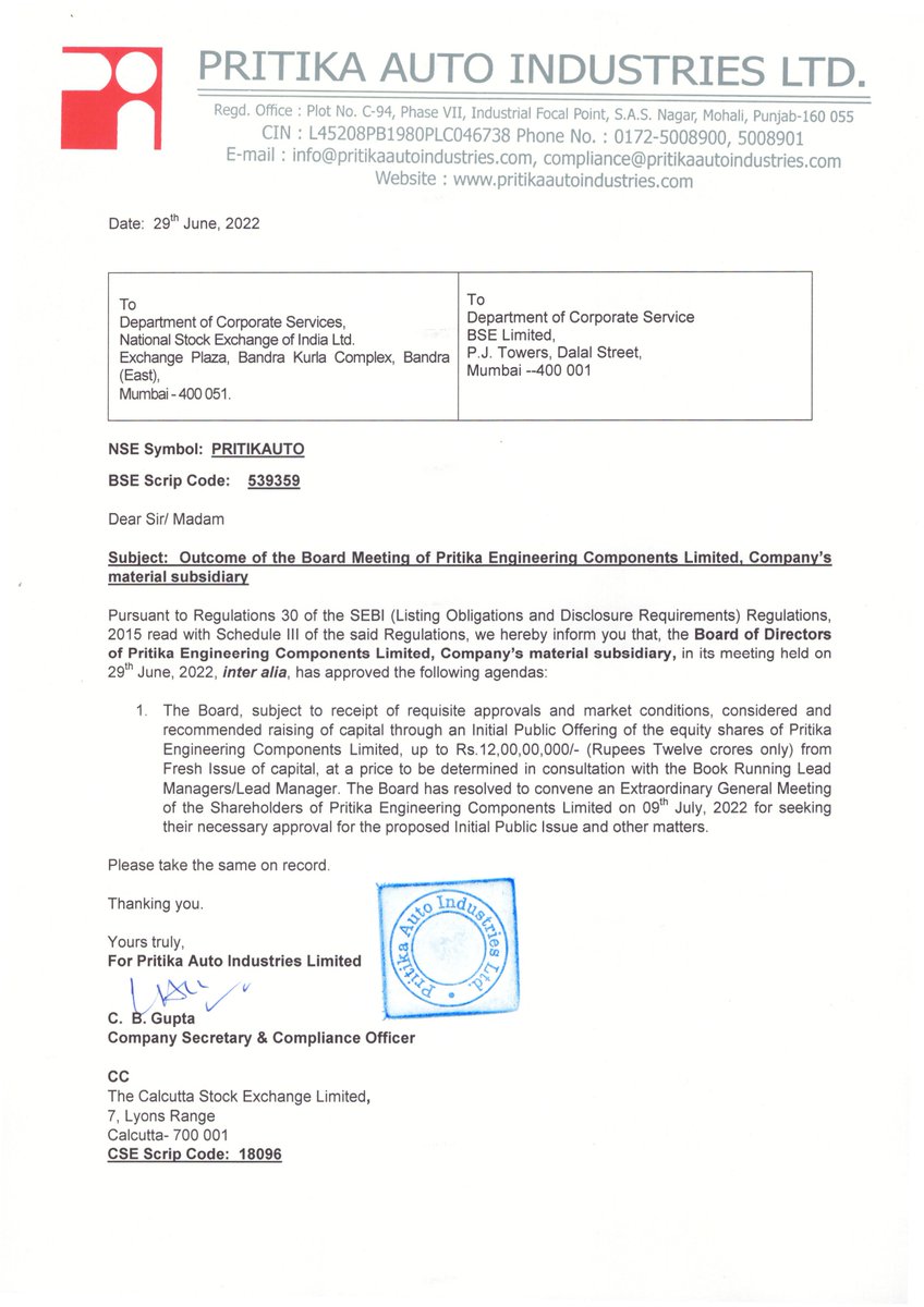 ipo_in's tweet photo. Board of Pritika Auto Industries Ltd considered and recommended raising of capital through an IPO of Pritika Engineering Components Limited upto 12Cr

#IPO #IPOAlert #IPOKing #IPOTracker #PritikaEngineeringIPO https://t.co/VUjefJUk30