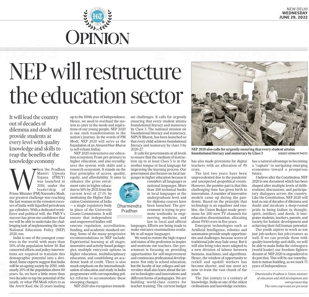 #NEP2020 will restructure the education sector. It will lead the country out of decades of dilemma and doubt and provide students at every level with quality knowledge and skills to reap the benefits of the knowledge economy. - Hon’ble Education Minister Shri @dpradhanbjp