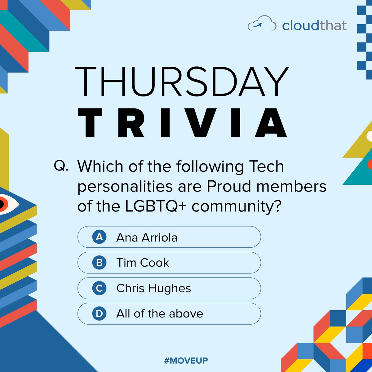cloudthat's tweet photo. We are coming to the end of PRIDE Month but the revolution is not over yet! Can you name more rainbow people in tech?
#Tech #Technology #LGBTQIA #organizaton #TechPersonality #pride #pridemonth #community #quiz #Trivia #rainbowpeople https://t.co/TdsiEywsNo