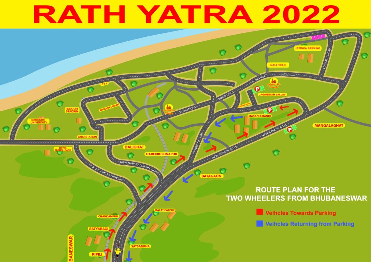 BholNarasingh's tweet photo. Wishing everybody a Happy Rathayatra. 
Route chart to Puri for 4-wheelers and 2-wheelers. https://t.co/NnywPU0YZv