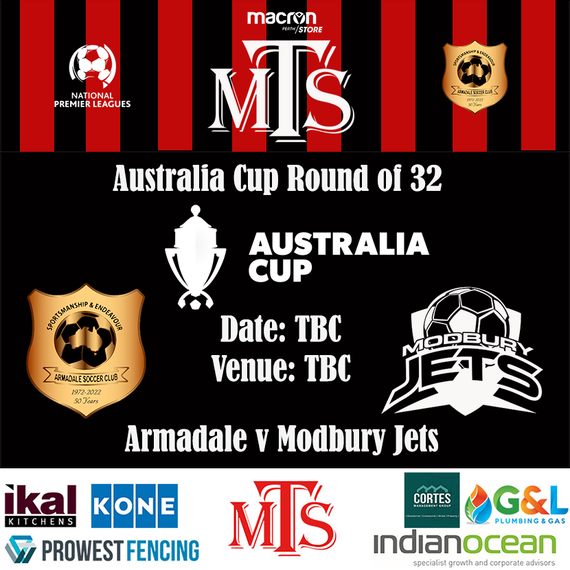 ArmadaleSoccer's tweet photo. We host South Australian State League Division One side Modbury Jets in the Australia Cup Round of 32 - Date and venue to be announced at a later date - 'Come on Army 
#WeAreArmy #OneClub #AustraliaCup #footballwest https://t.co/9W5AzGMOLO