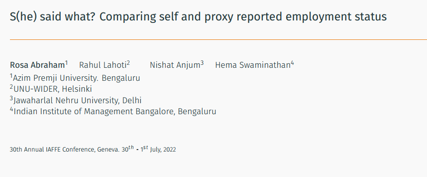How does proxy (spousal) reporting  affect employment estimates? Men under-report women's work (no surprises there!), but different kinds of households under-report different kinds of work <a href="/rahullahoti/">Rahul Lahoti</a> <a href="/Nishat_1495/">Nishat Anjum</a>