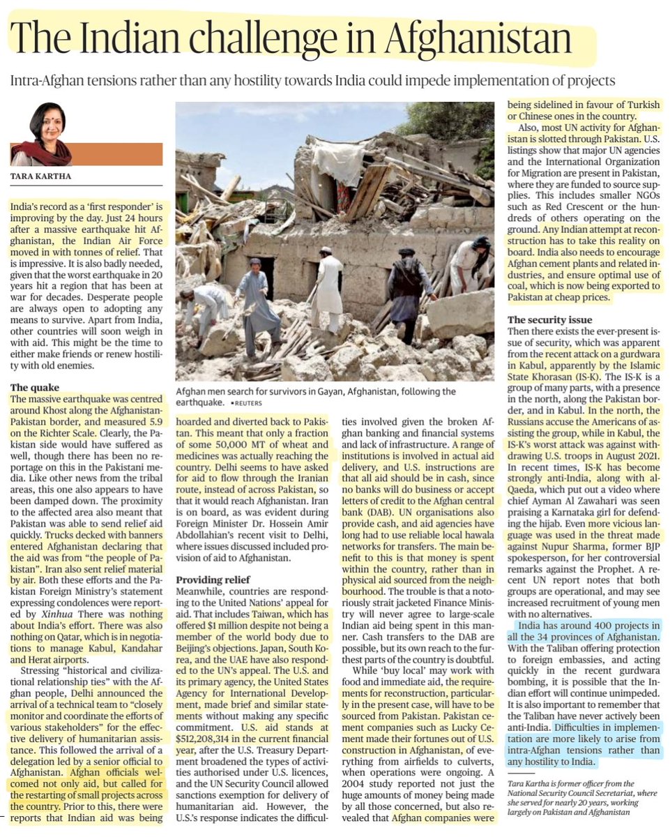 imRavikantYadav's tweet photo. The Indian challenge in Afghanistan- well explained by @kartha_tara Mam.

#AfghanistanEarthquake &amp; #India immediate aid to #Afghanistan ,sending a technical team,efforts to reopen embassy in #Kabul -part of our outrch to Afghans.
More info..

Source @the_hindu 

#NeighbourFirst https://t.co/x8xlYD1u2O