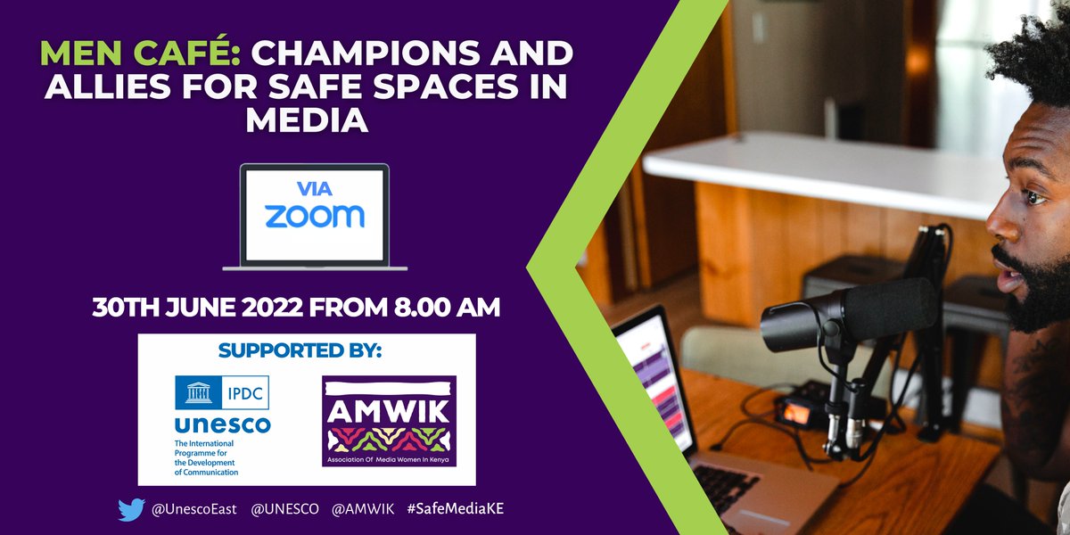 UnescoEast's tweet photo. #HappeningNow 
Men café: Champions and Allies for Safe Spaces in Media.

You don't want to miss this exciting discussion by Eric Odour @KUJ_Kenya, Kennedy Otina, Mustafa Dumbuya @HumanRightsKE and our very own @OtienoOkande  convened by @AMWIK

👉https://t.co/B6MSacULzs https://t.co/sTpdIrfu9a