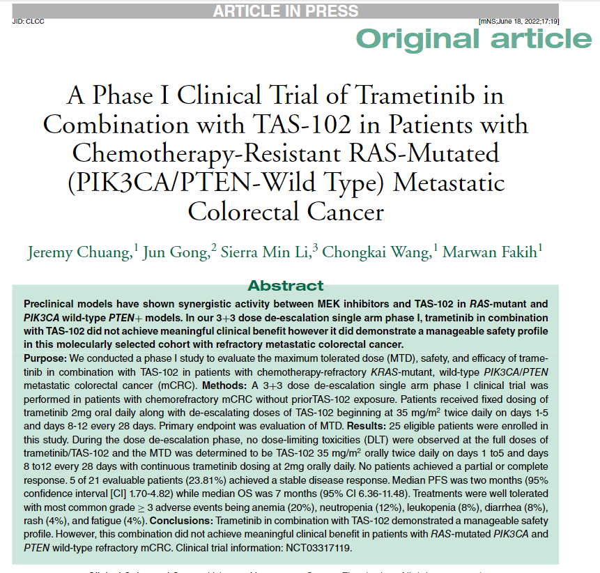 montypal's tweet photo. Proud of @cityofhope fellow #DrJeremyChuang (is he on @Twitter, @arafflemd?) who authored this paper w @jgong15 @CedarsSinaiMed & GI program lead @mgfakih evaluting #trametinib w #TAS102 in chemoR RASm mCRC. @stacywgray @DrRaviSalgia @cityofhopeoc @COHMedOnc https://t.co/GnM0KV0NGa
