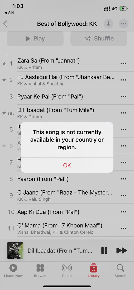 pratikdas321's tweet photo. @AppleSupport @AppleMusic I am getting this error for Song - Alvida ( Life in a metro). Country is already set to India. https://t.co/DdkywTq4gp