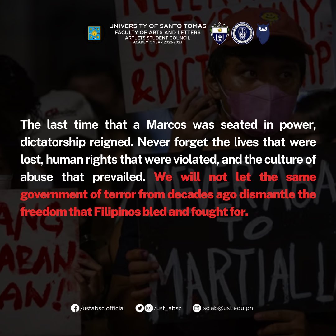 ust_absc's tweet photo. Remaining true to our Artlet history of being the champions of truth and courage, we shall continue upholding our principle to resist tyranny. 

Bongbong Marcos is not our president.

#AbanteAB
#NeverAgain
#NeverForget https://t.co/JgapxVo6ou