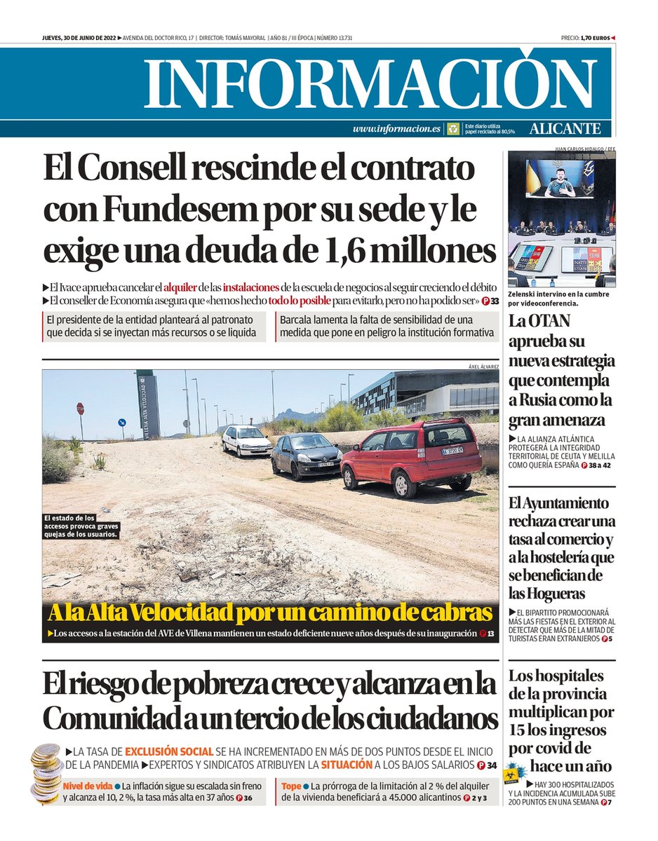 ¡Buenos días! Hoy, en la portada de la edición de Alicante de INFORMACIÓN:

🔷 El Consell rescinde el contrato con Fundesem
🔷 Al AVE por un camino de cabras
🔷 El riesgo de pobreza crece y alcanza en la Comunidad a un tercio de los ciudadanos

Más en informacion.es