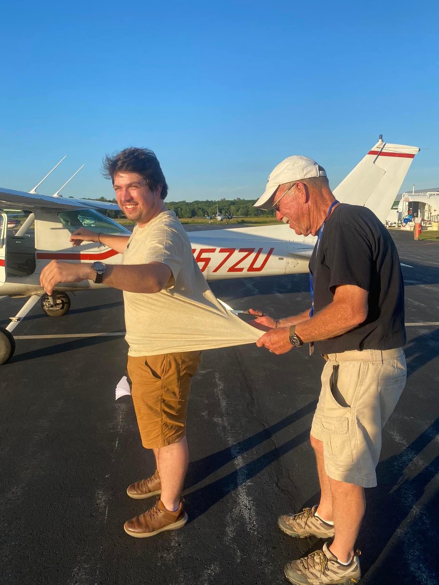 PatrickMWine's tweet photo. Got my shirt tail cut off last week! It’s a long-standing aviation tradition after a student pilot’s first solo flight. Extends back to the days before radio communications. What an amazing feeling to be alone in the air! #Aviation  #flying https://t.co/JY7Cc6pKHJ