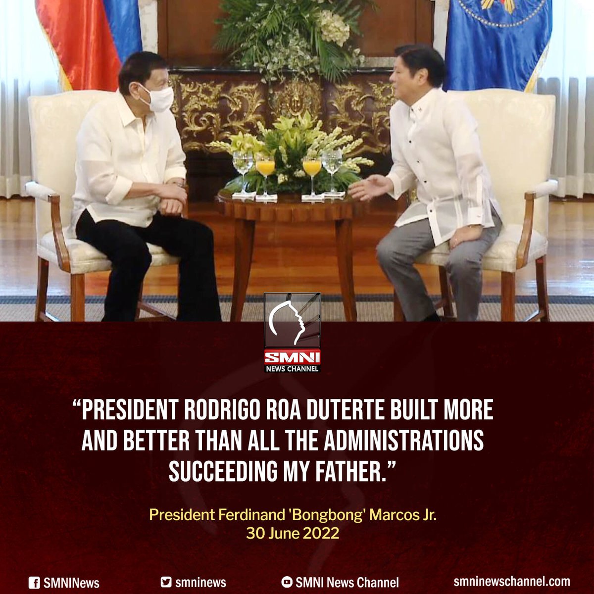 smninews's tweet photo. "President Rodrigo Roa Duterte built more and better than all the administrations succeeding my father." 

— Pres. Ferdinand 'Bongbong' Marcos Jr. https://t.co/vYMy6q4LmV