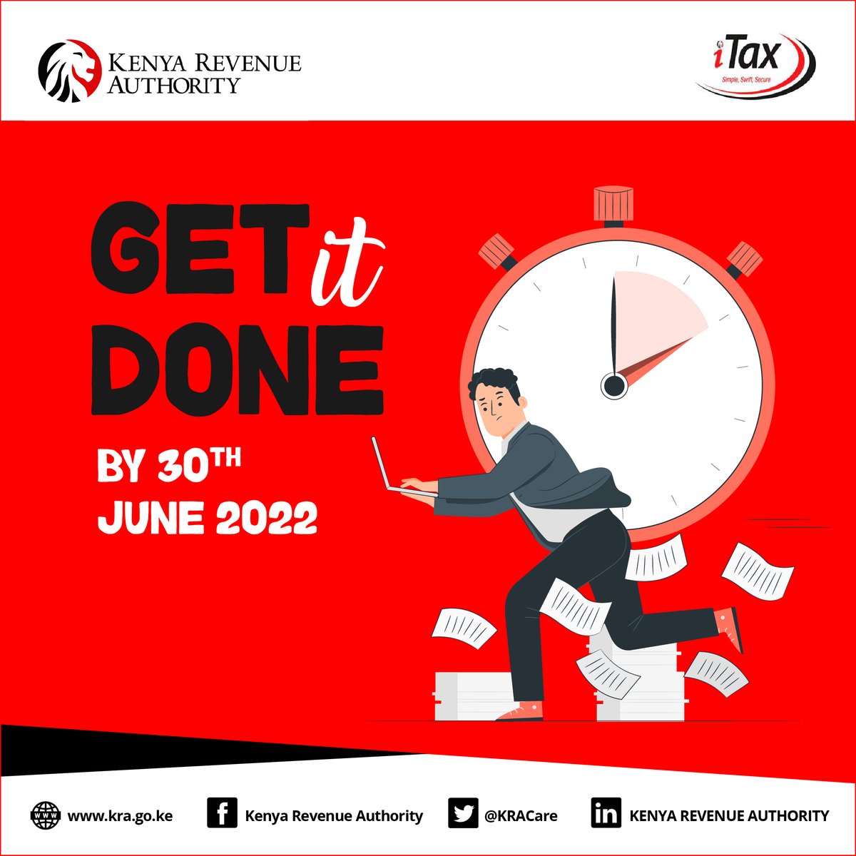 The clock is ticking, don't miss out on this opportunity before the deadline. Stay ahead of the game by filing your taxes today. #KRAFilingSeason2022 #Tulipeushuru2022 <a href="/KRACare/">KRA Care</a> 

Visit itax.kra.go.ke/KRA-Portal/ and file your returns now!